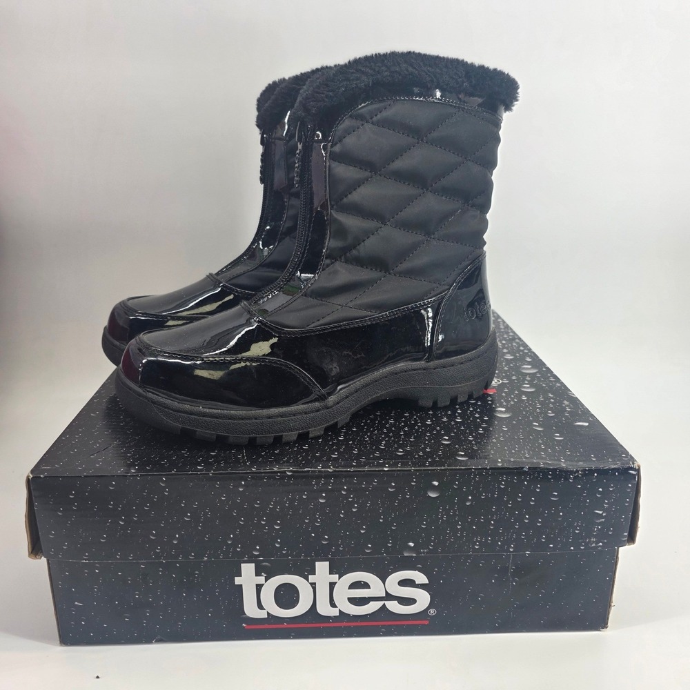 Totes Kallie Black Quilted Waterproof Winter Boots‎ Faux Fur Trim Size 7 M